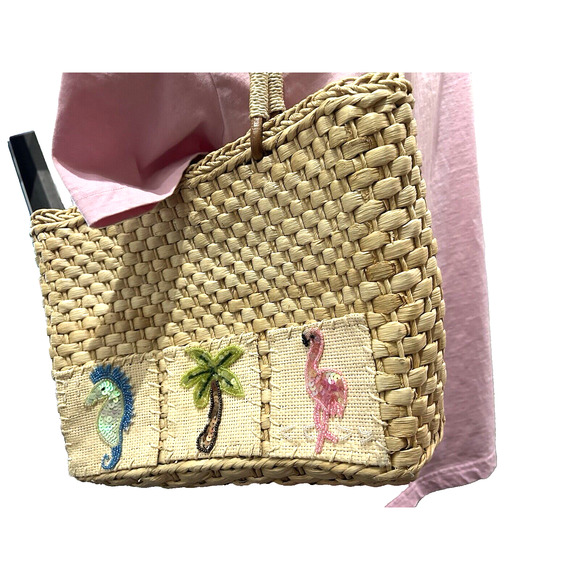 Women’s Beach Beige Straw Woven Square Medium Tote Bag Purse Beads and Sequins - Picture 3 of 7